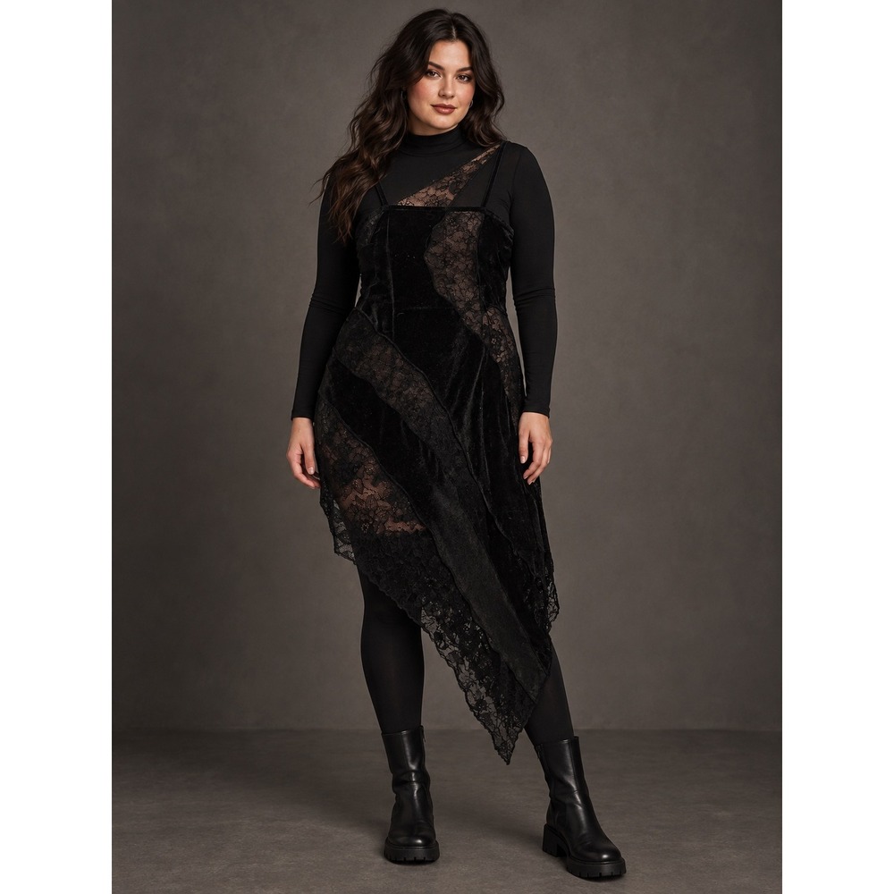 PrettyLittleThing Black Velvet Lace Asymmetric Dress US 12 Whimsigoth